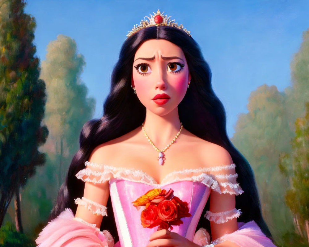 Pink Dress Princess with Rose in Forest Setting