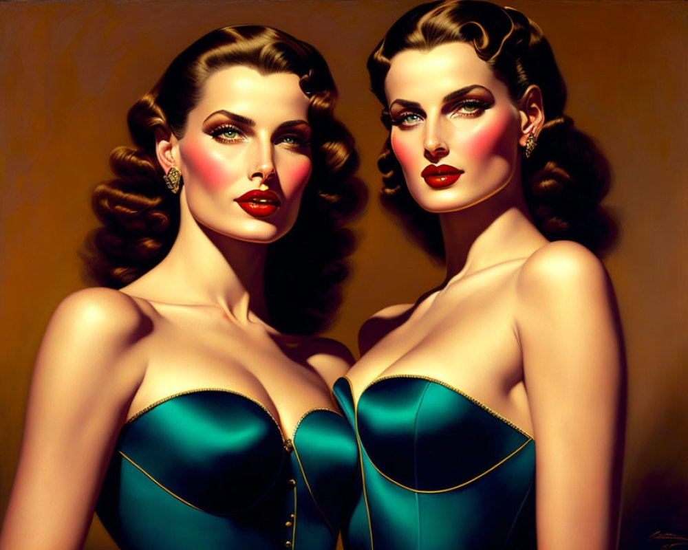 Two Women in Vintage Hairstyles & Teal Dresses Portrait