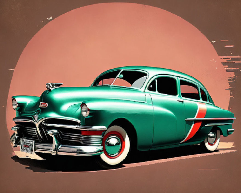 Classic Teal Car with White-Wall Tires on Red Background