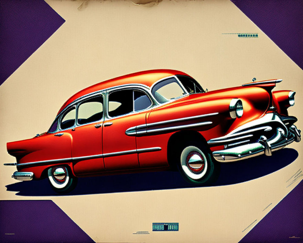 Vintage Red Car Illustration with White-Wall Tires on Beige Background