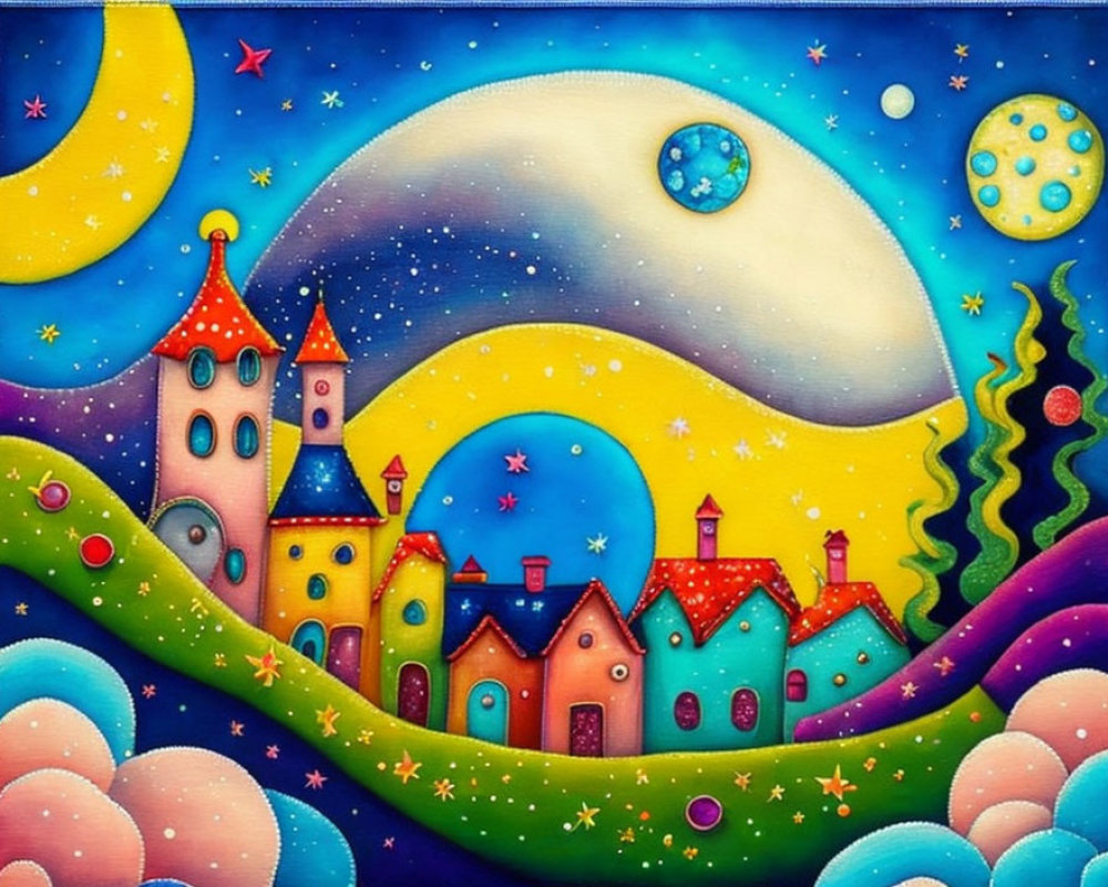 Colorful Village Painting with Whimsical Houses and Starry Sky