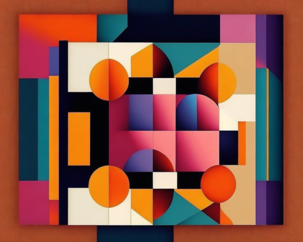Vibrant geometric painting with squares, circles, and lines in orange, purple, black, and