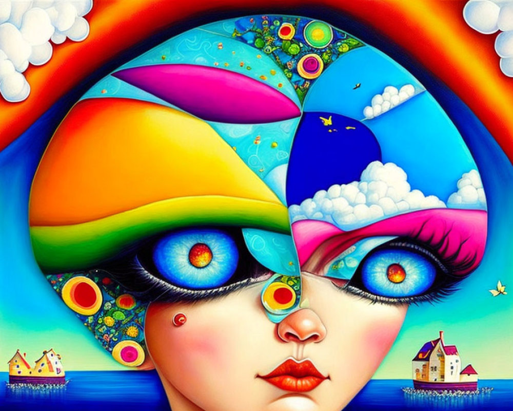Colorful Surrealist Face Painting with Abstract Designs and Whimsical Landscapes