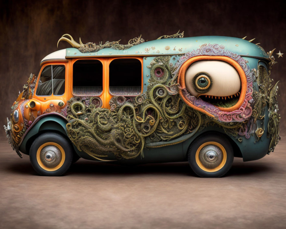 Surreal bus art with organic, intricate designs and whimsical eye.
