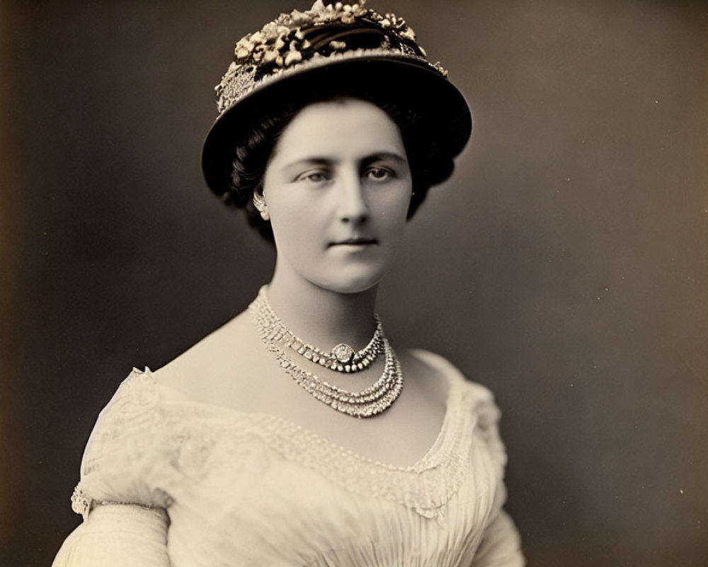 Vintage Portrait of Woman in Decorative Hat and Elegant Dress