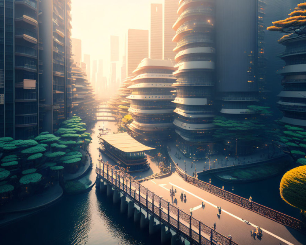 Futuristic cityscape with curved buildings, greenery, river, and bridge under sunlight