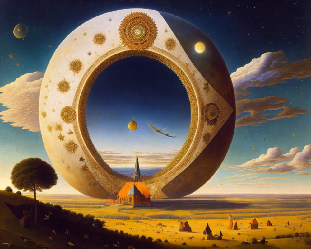 Surreal landscape with giant ring structure above countryside.