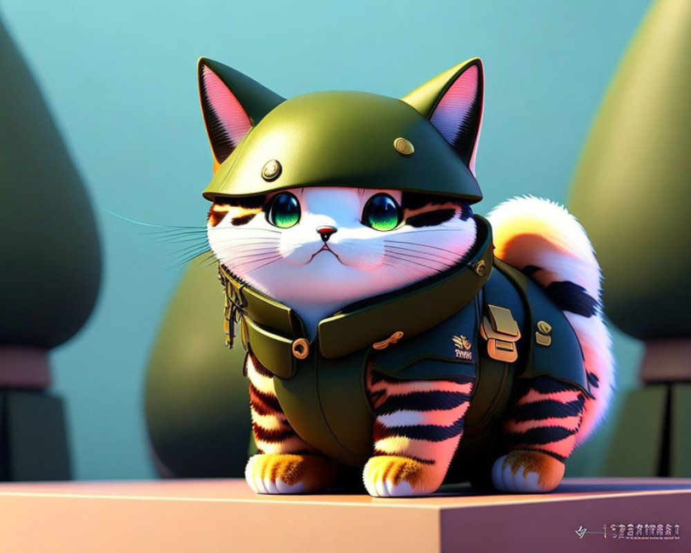Anthropomorphic cat in green military attire on platform with stylized background