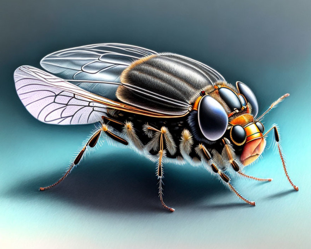 Detailed Digital Illustration of Housefly with Compound Eyes & Translucent Wings