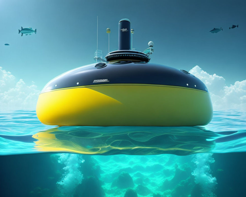 Yellow and Blue Submarine Surfaces in Clear Ocean with Fish and Coral Reef