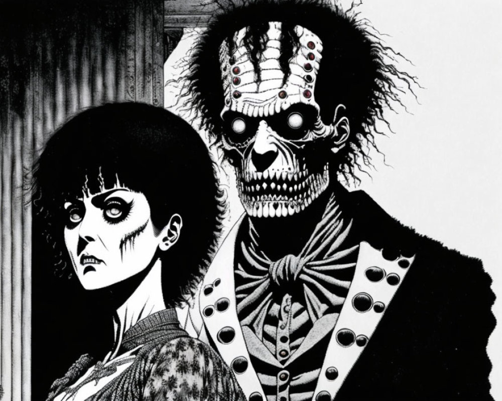 Monochrome illustration of woman and skeletal figure with intense eyes on dark backdrop