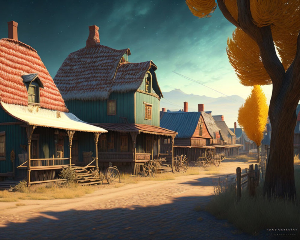 Western wooden town at sunset with rustic buildings and horse-drawn carts