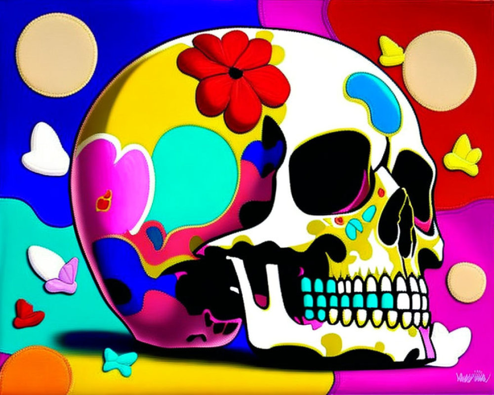 Colorful Skull with Floral and Heart Patterns on Vibrant Abstract Background