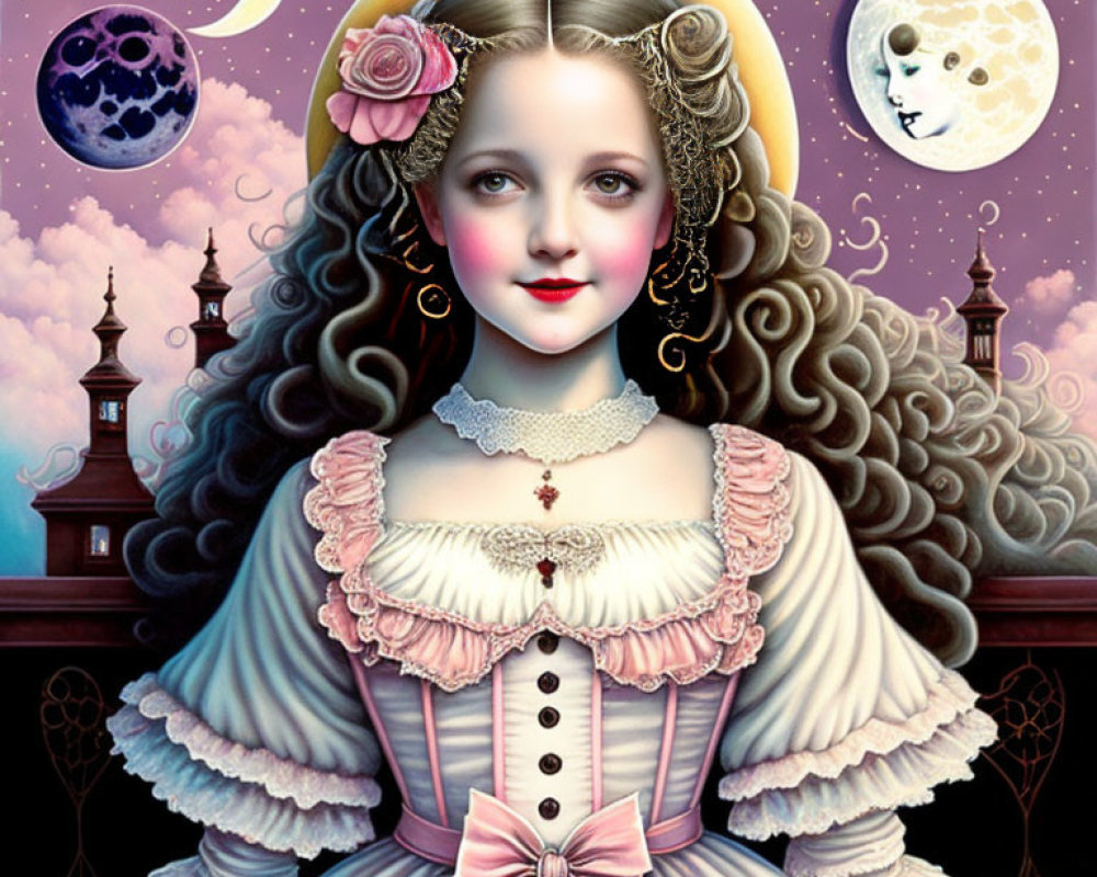 Stylized portrait of girl with curly hair in vintage dress with roses, moons, and fanciful