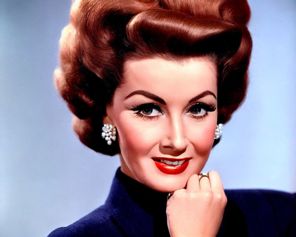 Vintage Portrait of Woman with Stylish Updo and Red Lipstick