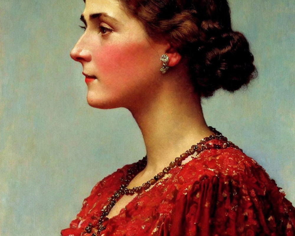 Classical portrait of woman with intricate hairstyle and red dress on blue background