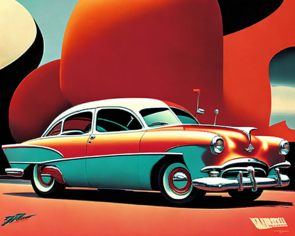 Classic Two-Tone Sedan Illustration on Abstract Retro Background
