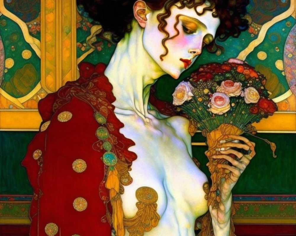 Art Nouveau Style Painting: Woman with Curly Hair and Roses Bouquet