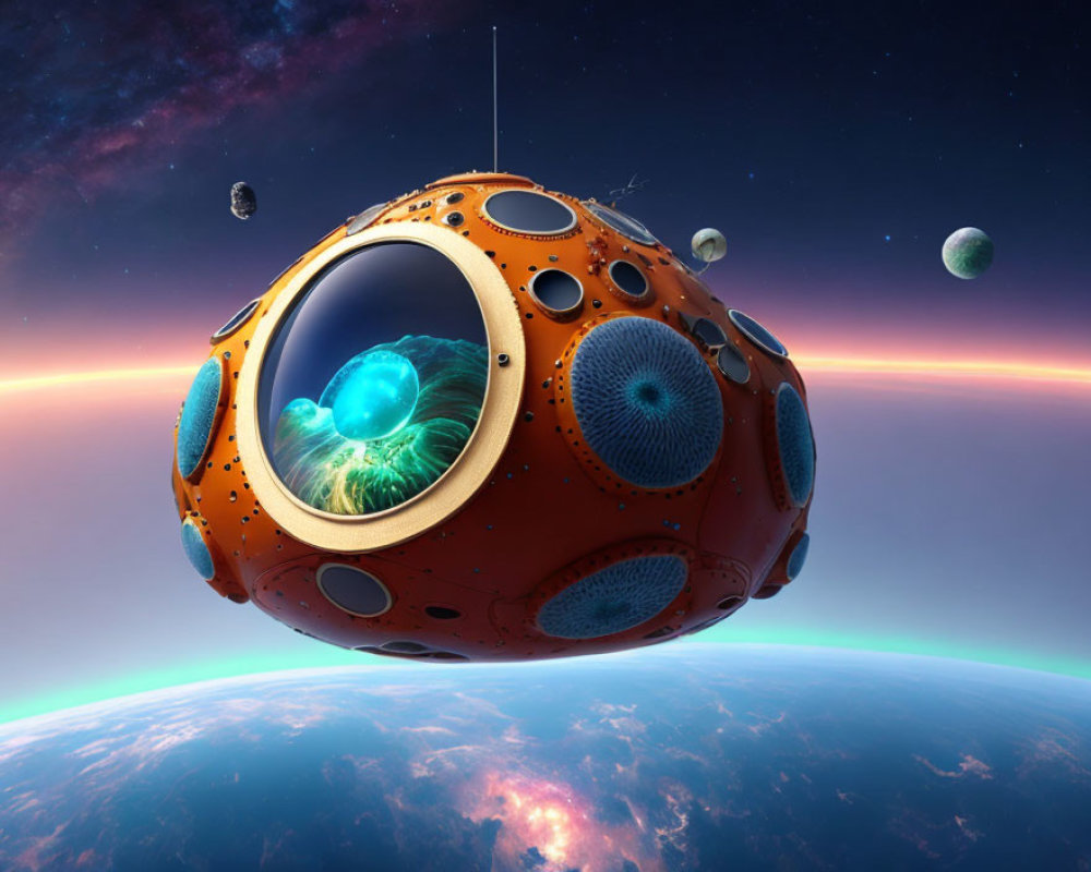 Orange spherical spacecraft floating in space above Earth surrounded by rocks.