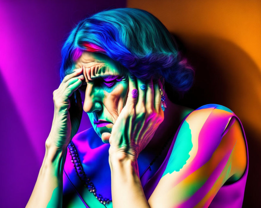 Distressed person with blue hair on vibrant purple and orange background
