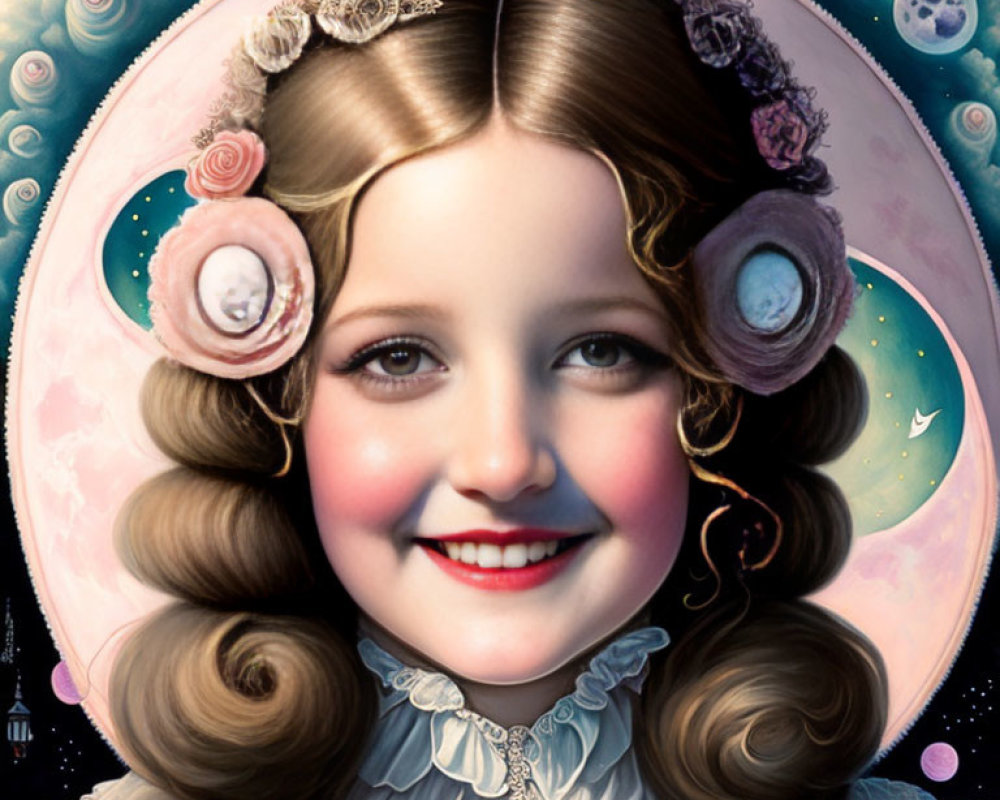 Surreal portrait of smiling girl with flower-adorned hair in celestial setting