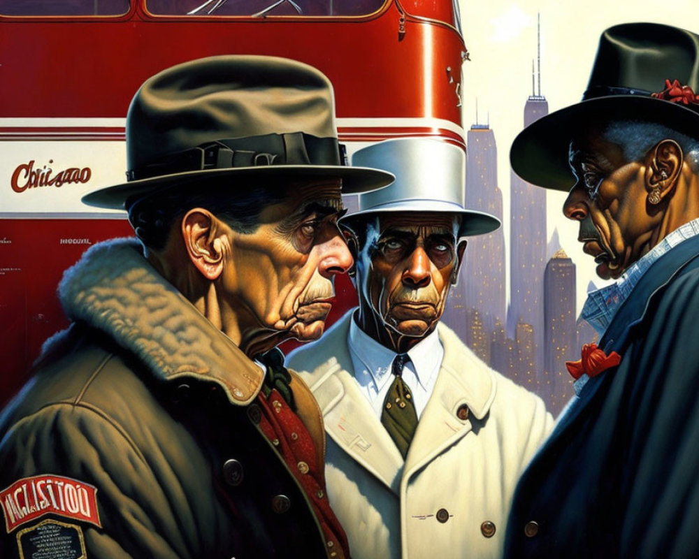 Vintage attire caricatured men with exaggerated features on red backdrop