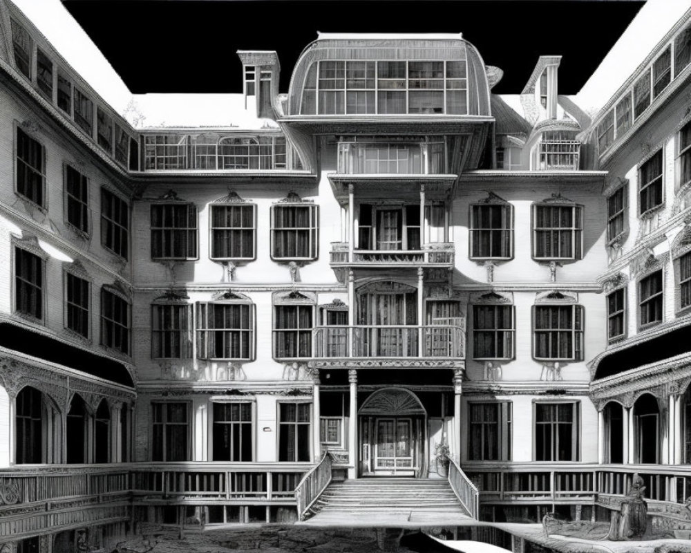 Vintage architectural building with ornate balconies and grand staircase