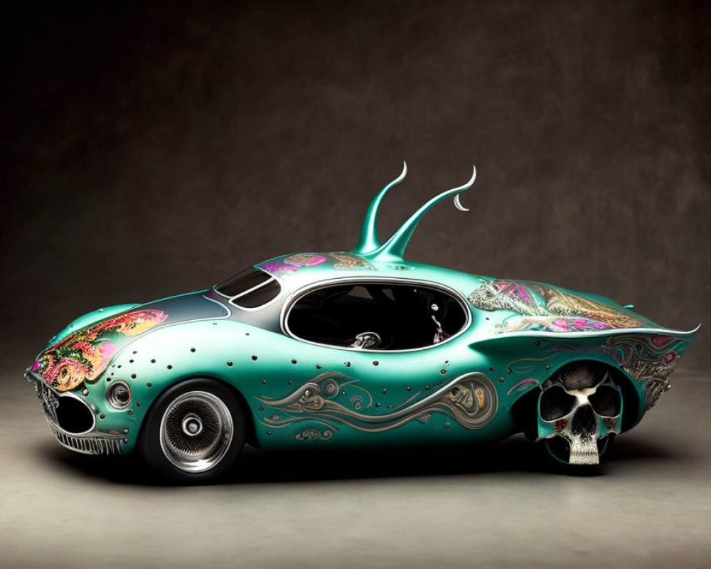 Custom turquoise car with pink and green designs, skull detail, and tentacle-like exhaust pipes