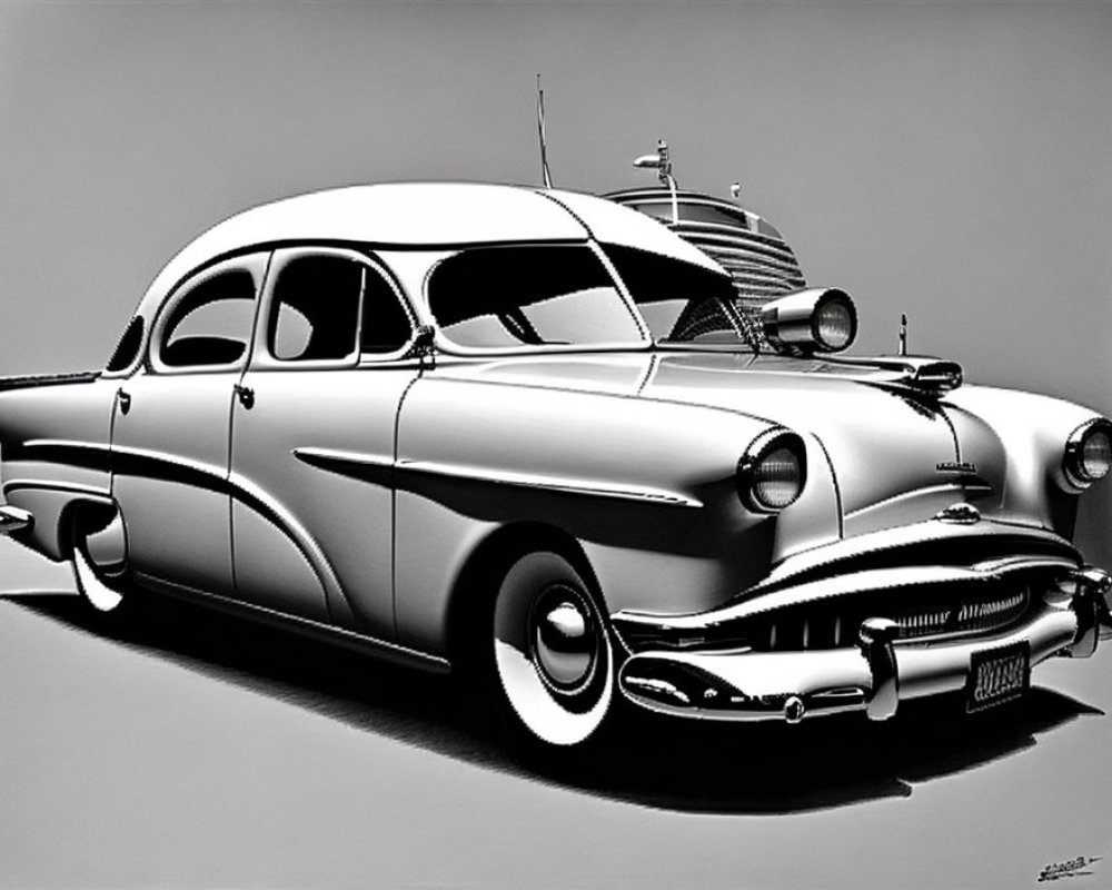 Grayscale illustration of classic car with front grille and vintage design