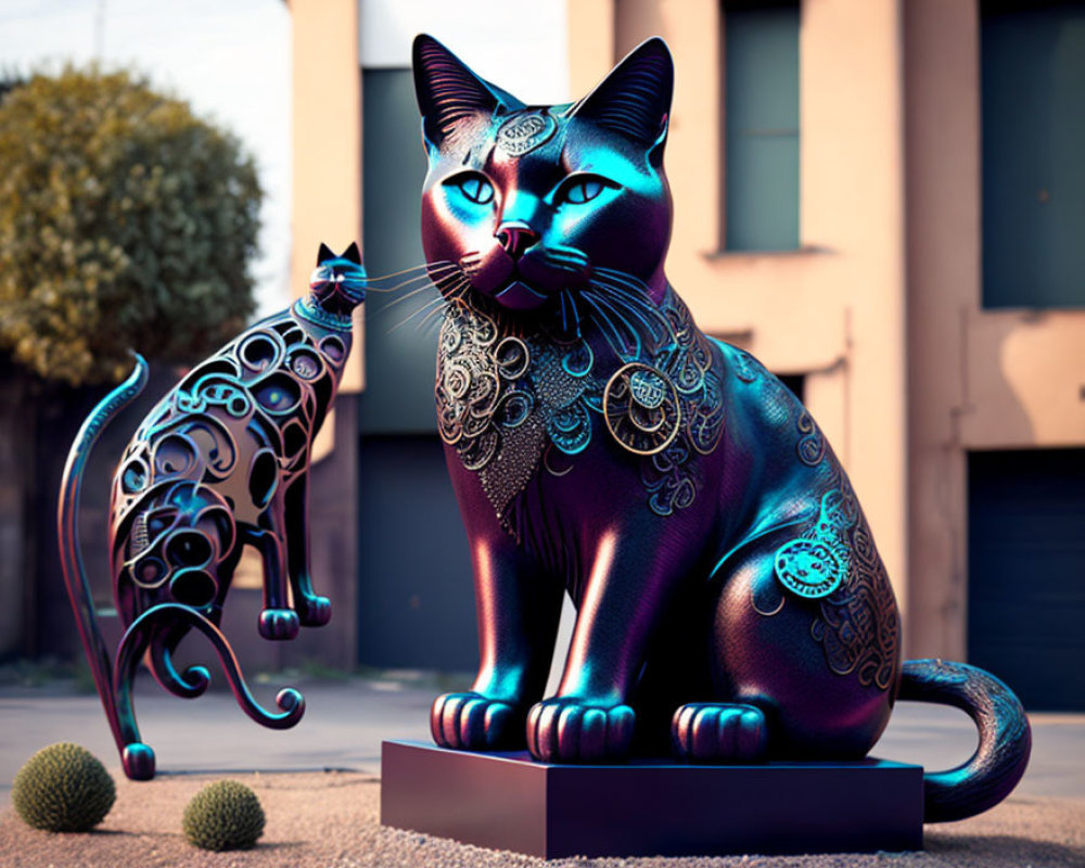 Ornate cat sculptures with intricate patterns on pedestal