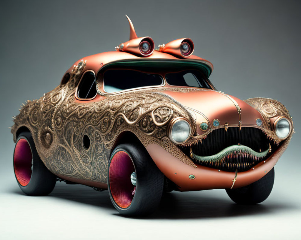Metallic copper finish car with ornate swirl patterns and whimsical facial features.