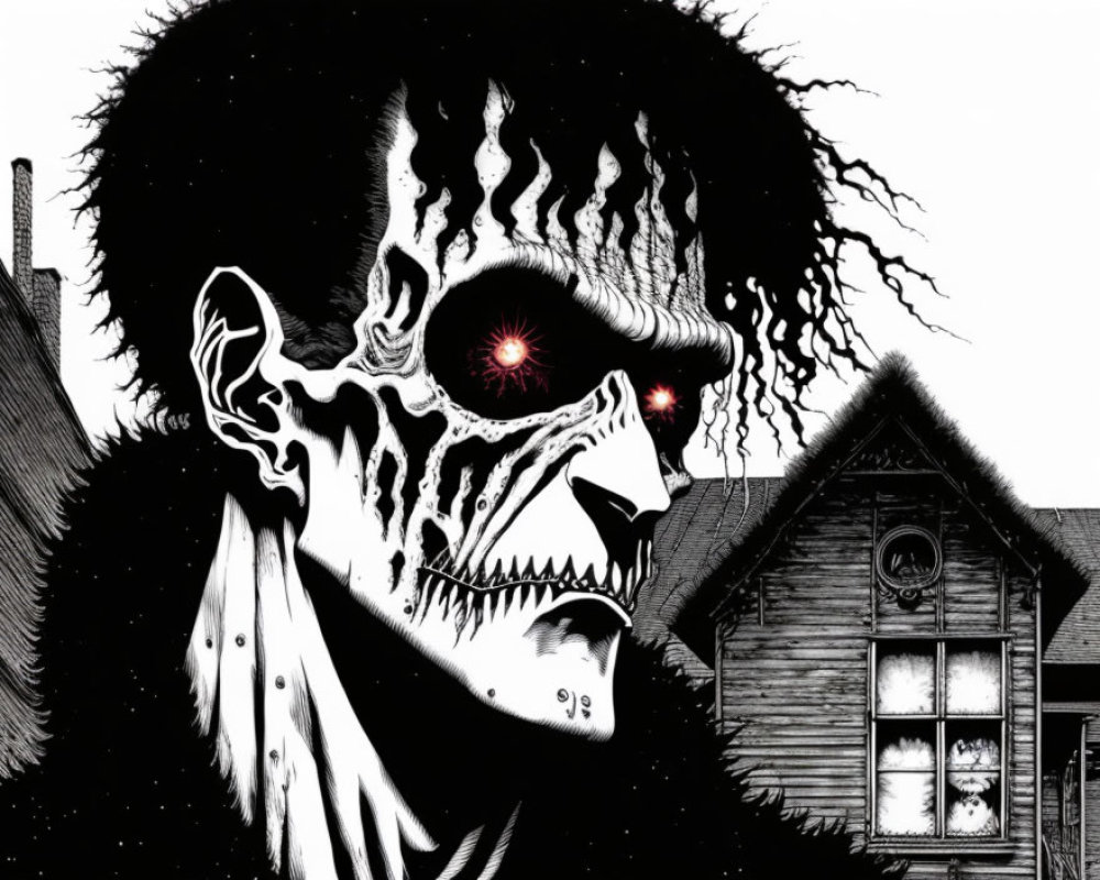 Monochrome skeletal figure with red eyes and curly hair overlooking a lit house at night.