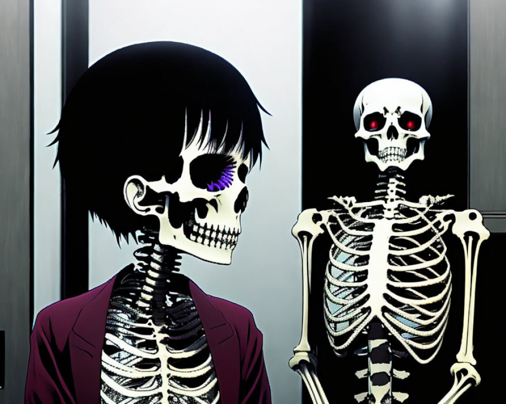 Skeletal Figures in Suit with Stylish Hairdo and Purple Eye on Dark Background