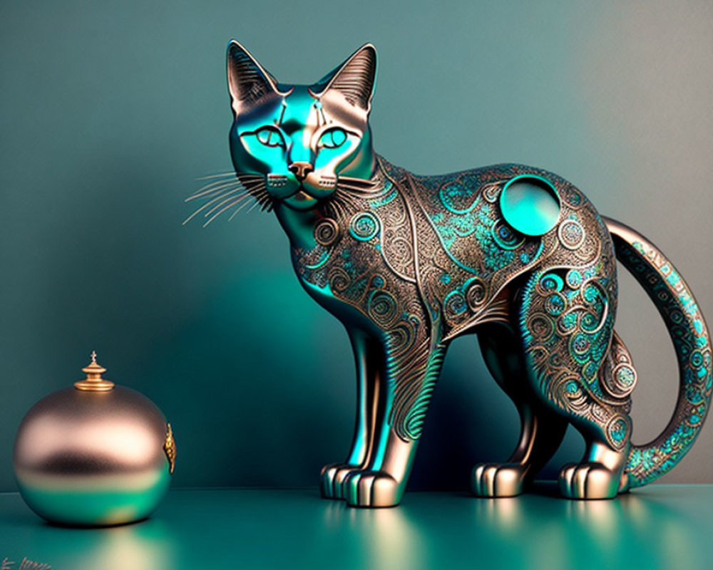 Intricate Metallic Turquoise Cat Sculpture with Spherical Ornament