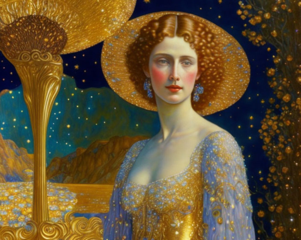 Golden halo portrait of a woman with celestial and scenic elements