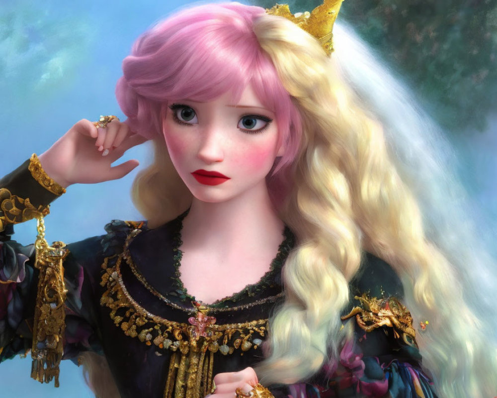 Whimsical young woman with pink and blonde hair in ornate dress and crown