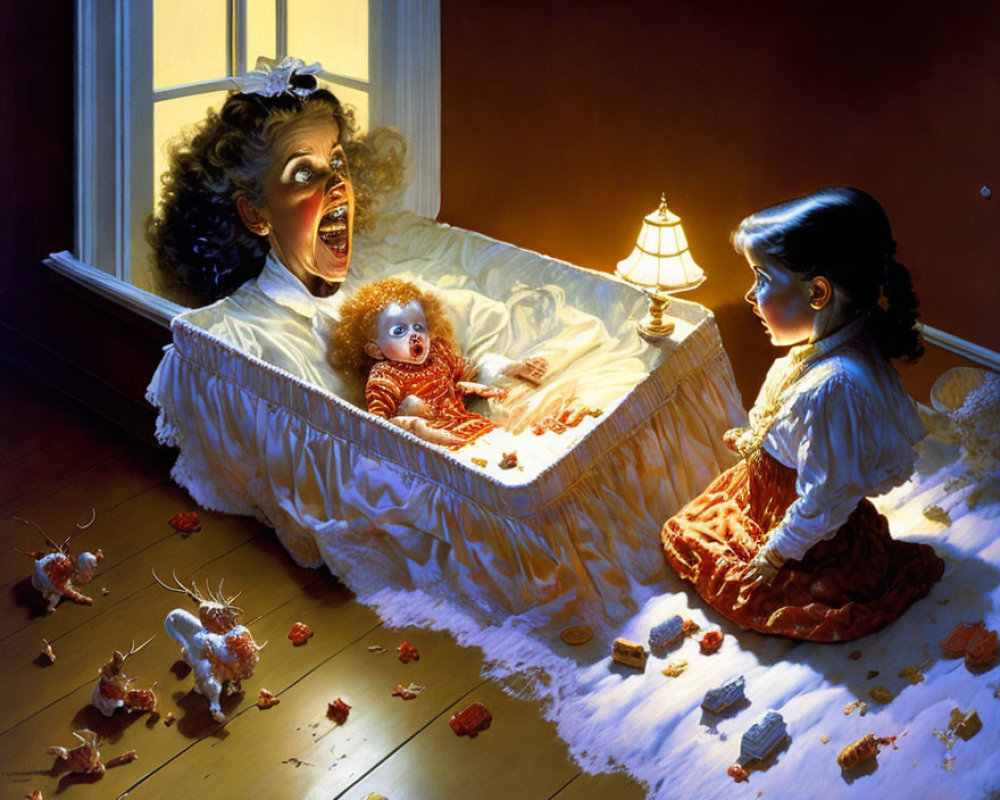 Dark artwork featuring horror scene with doll, woman, girl, mice, and toys in dim room