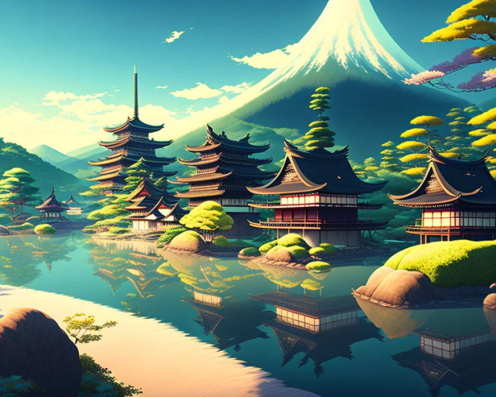 Digital artwork of Japanese pagodas, Mount Fuji, and serene landscape