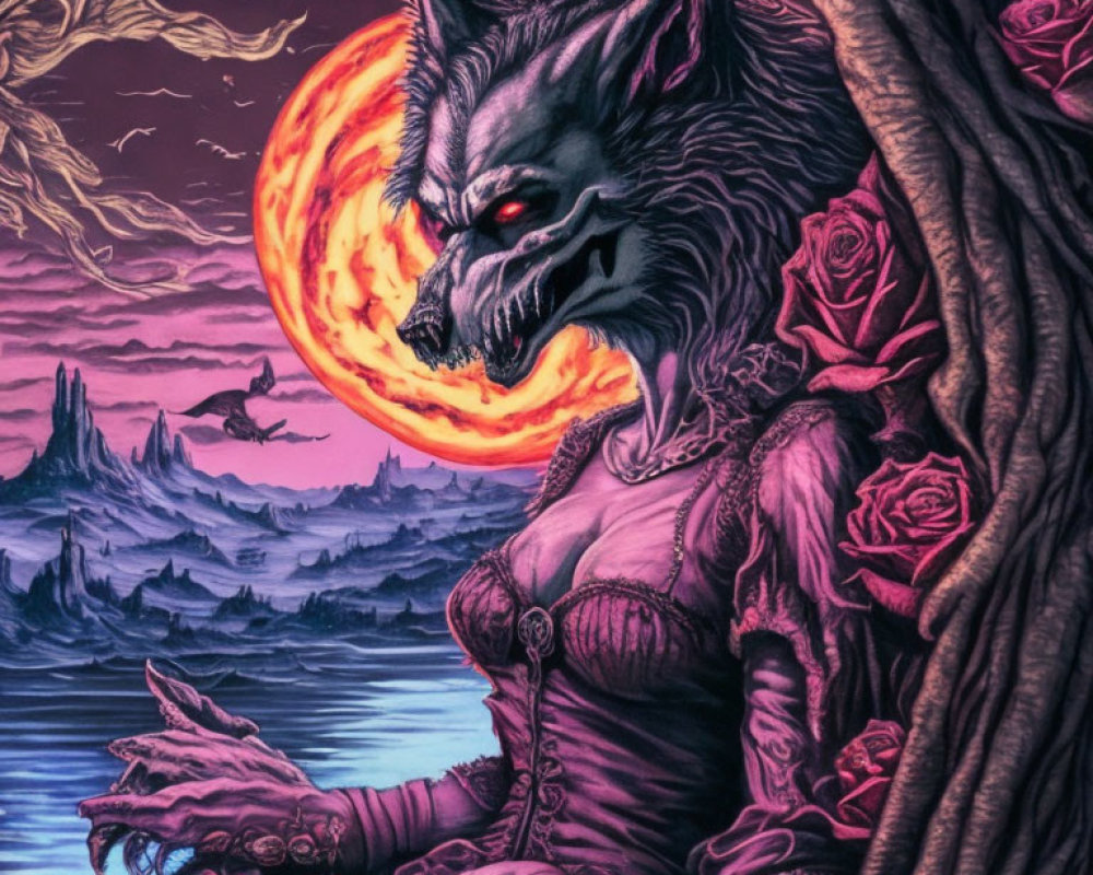 Werewolf with glowing eyes holding a skull among roses and full moon.