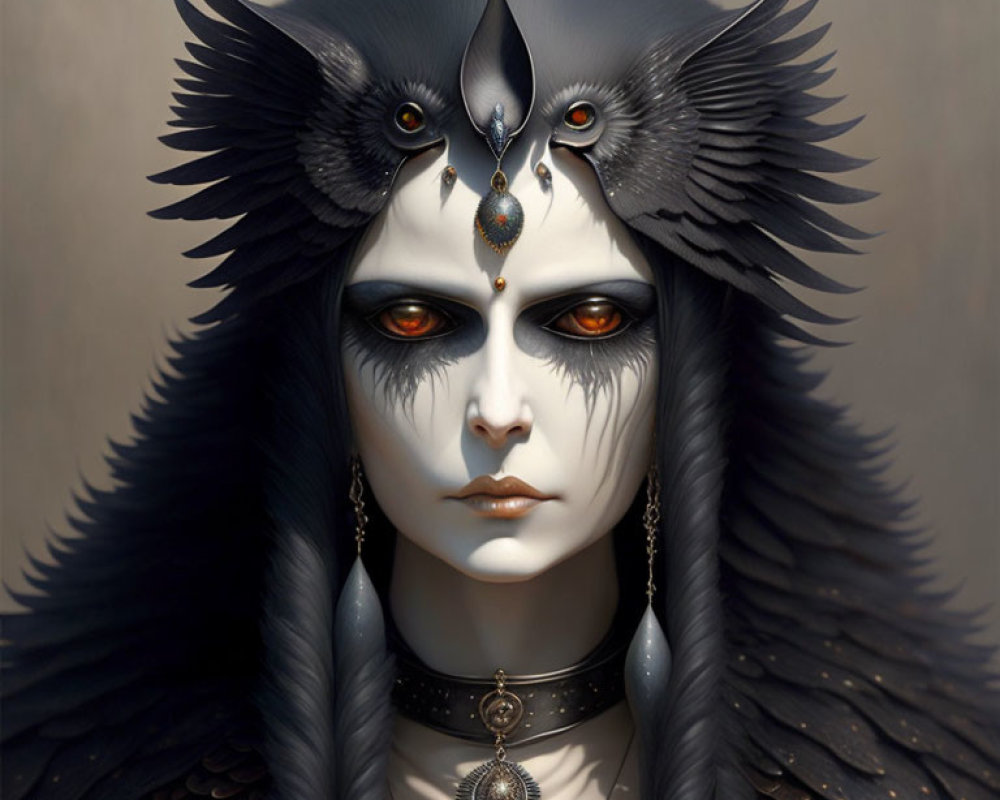 Fantasy portrait of character with pale skin, dark makeup, yellow eyes, feathered headdress