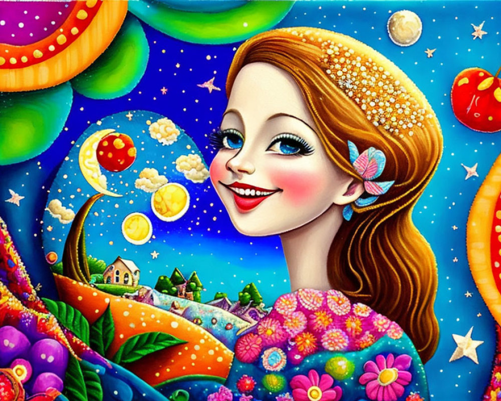 Colorful illustration: Smiling woman with sparkling hair in whimsical landscape