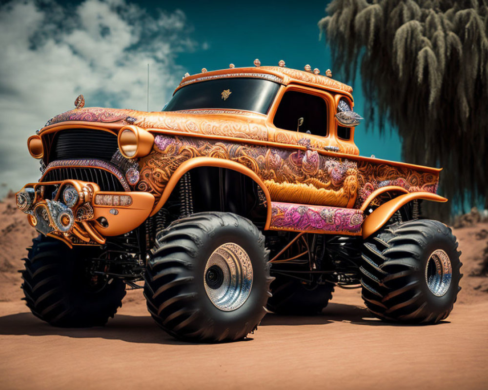 Custom Vintage Truck with Elaborate Design and Oversized Tires in Desert Setting