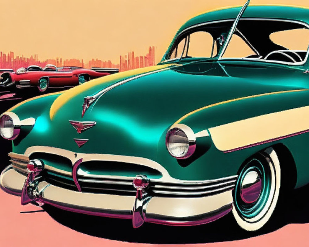 Row of Vibrant Vintage Cars Against City Skyline