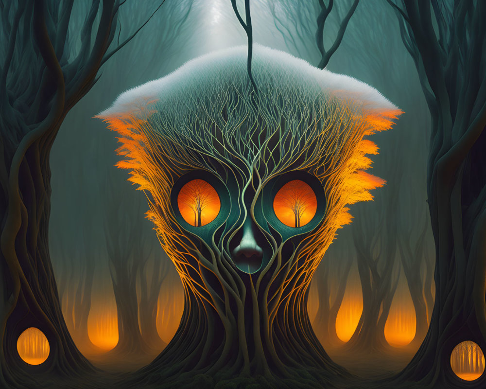 Surreal forest scene: owl-like creature, glowing eyes, orange-lit hollows, mist