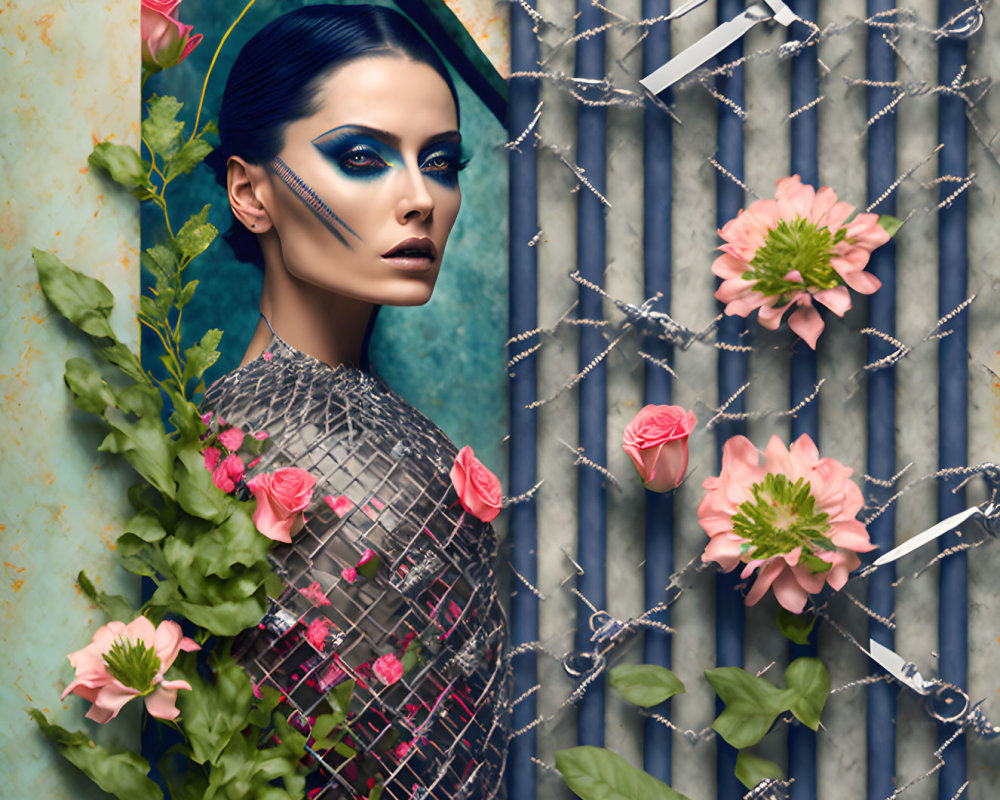 Striking blue makeup woman by metal gate with vibrant flowers