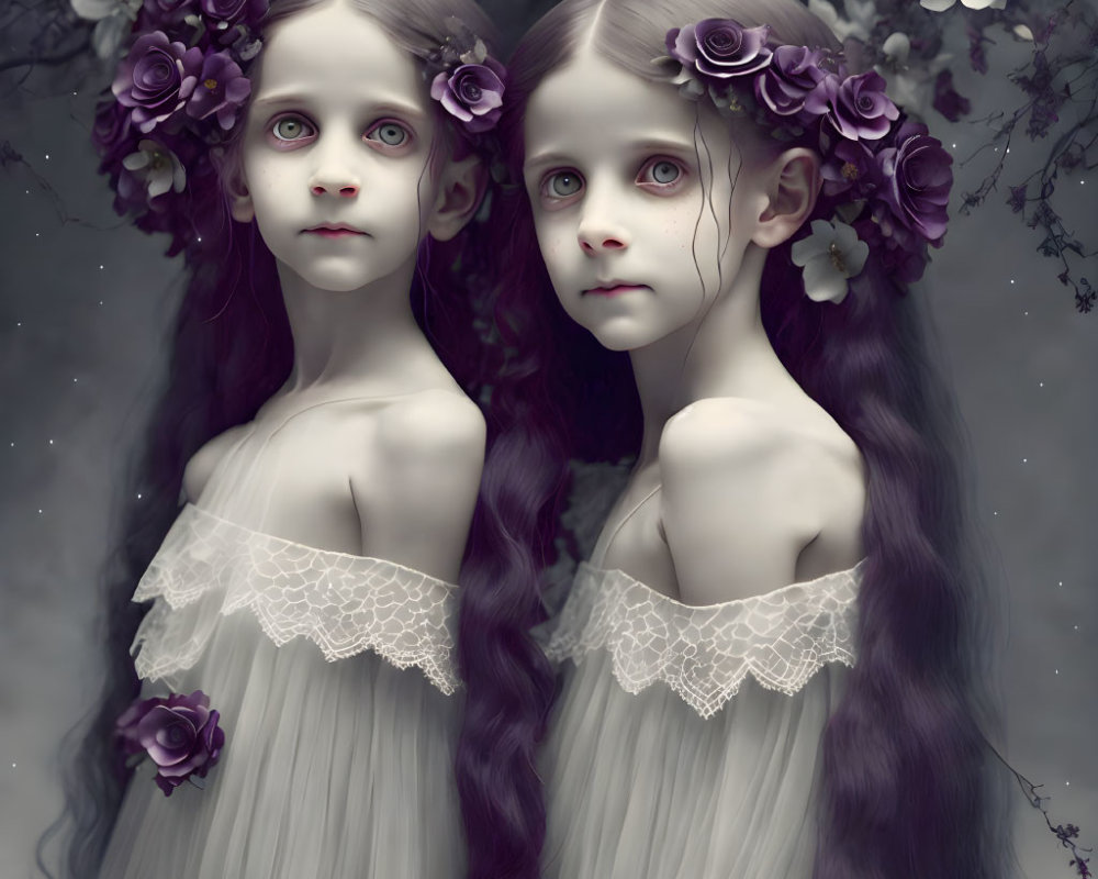 Pale-skinned twin girls in white lace dresses with long wavy hair and purple flowers, set against