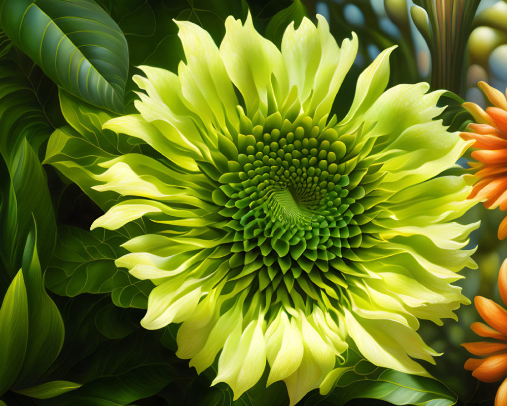 Detailed green flower with intricate petals and spiraling center in lush garden.