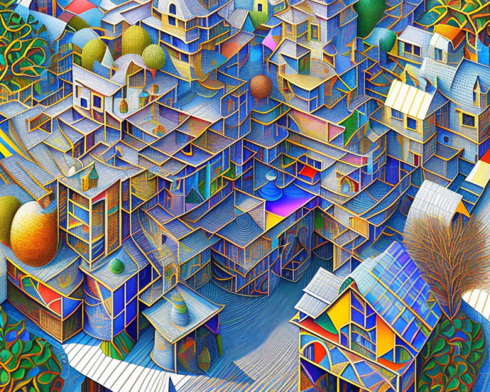 Vibrant cityscape artwork with geometric patterns and surreal elements