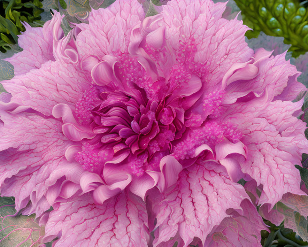 Close-up Pink Ornamental Cabbage with Ruffled Edges on Green Foliage