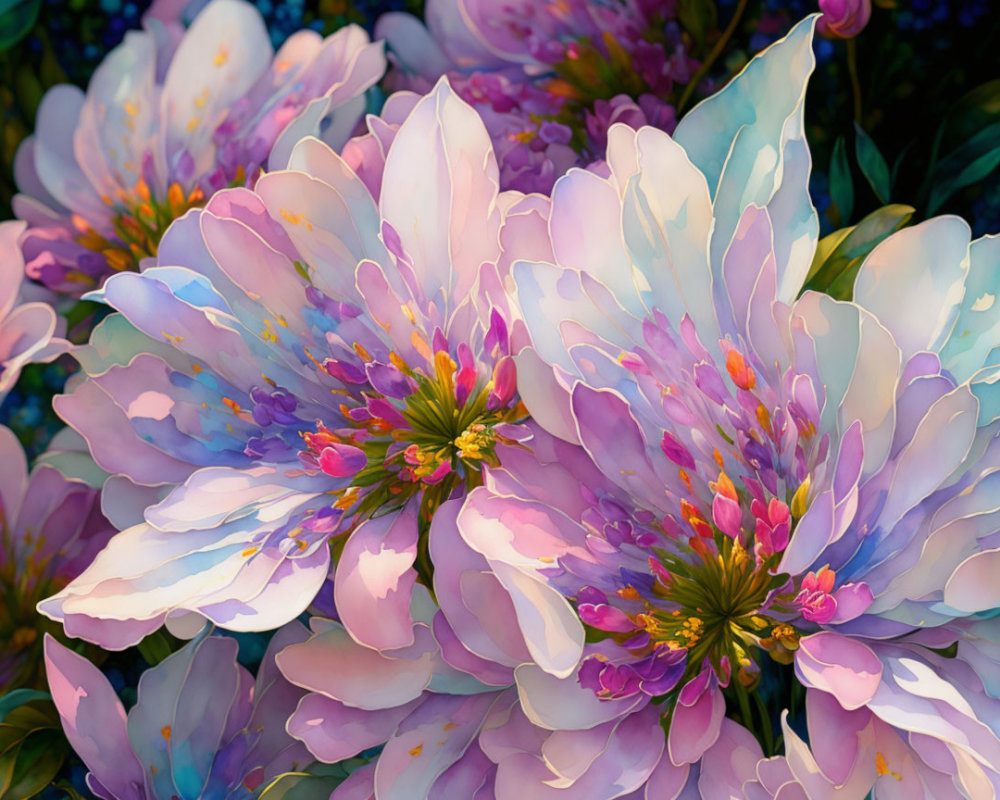 Colorful Flowers with Pink and White Petals and Yellow Stamens on Dark Background